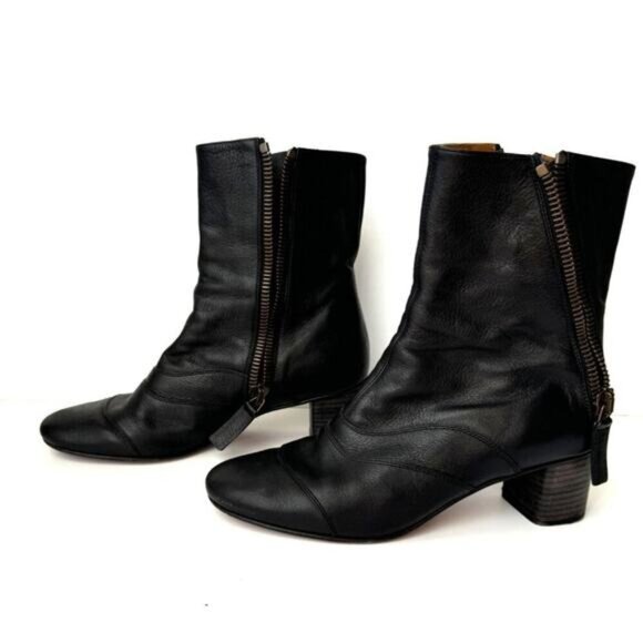 Chloé Black Leather Ankle Boots Size 9.5 With Side Zipper & Block Heel - COA - Picture 3 of 12